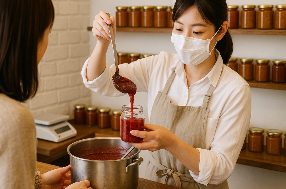 ジャム専門店ロミ・ユニ コンフィチュールでの量り売りの様子。店員が瓶に手作りジャムを注ぎ入れる、エコで特別な体験。