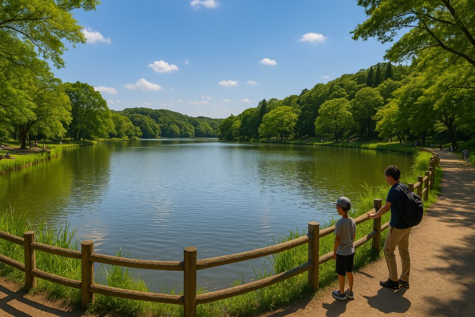 通称「大池公園」として知られる二俣川の「こども自然公園」にある、広大で自然豊かな大池の風景。
