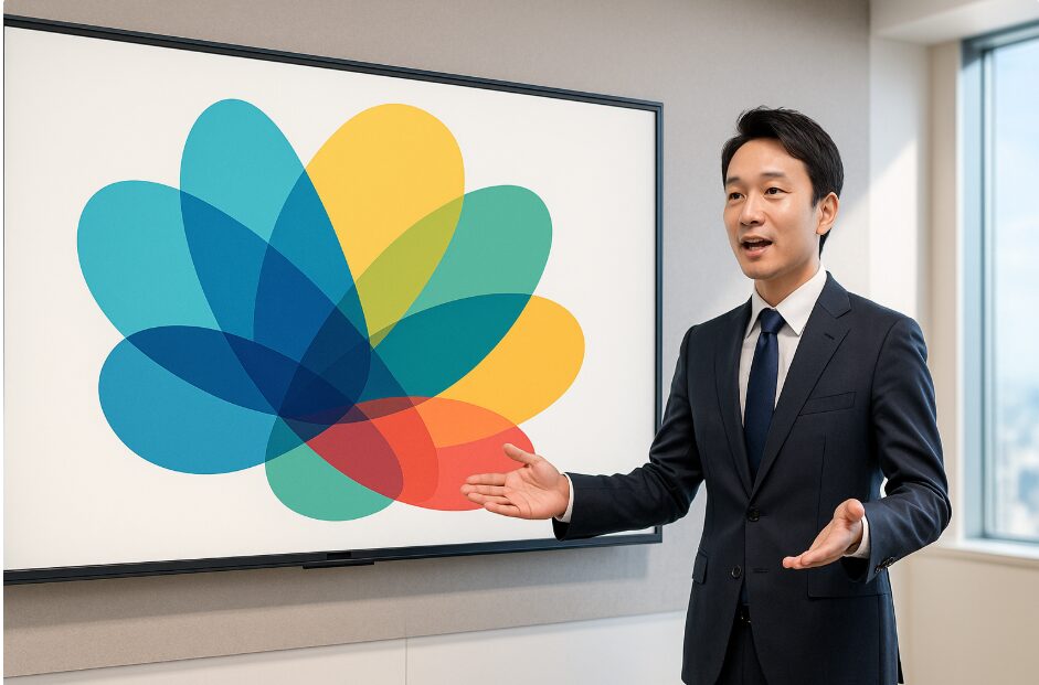 「計画が整理されている」印象を出すため整然とした色面。