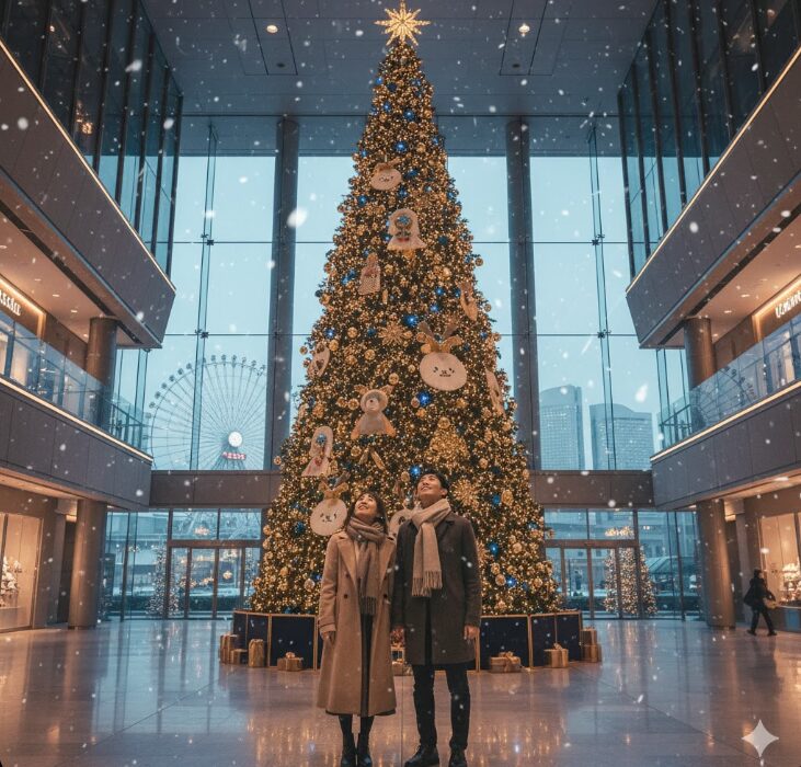 冬の横浜の商業施設内で、巨大なクリスマスツリーを見上げる若い日本人カップル