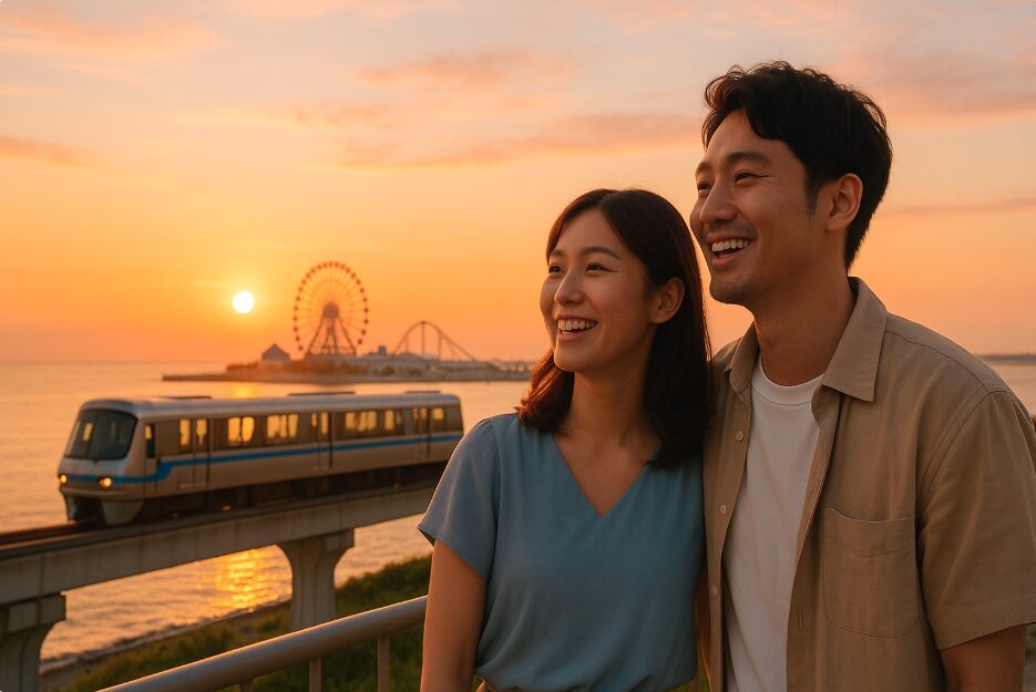 夕暮れの横浜シーサイドラインと八景島シーパラダイスを背景に、楽しそうに景色を眺める日本人カップル