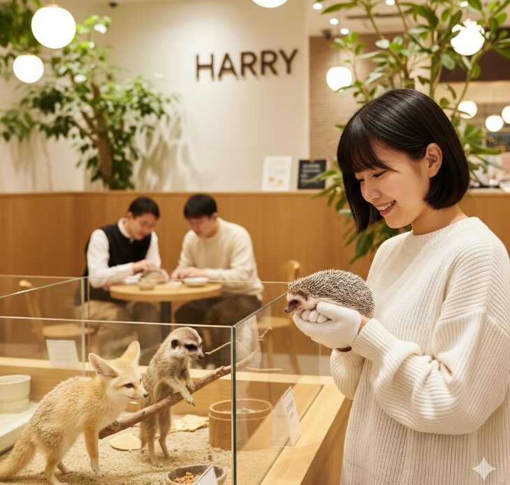 HARRY横浜中華街店で、手袋をはめてハリネズミを抱き上げ優しく触れ合う若い日本人女性。フェネックやミーアキャットの展示も見える。