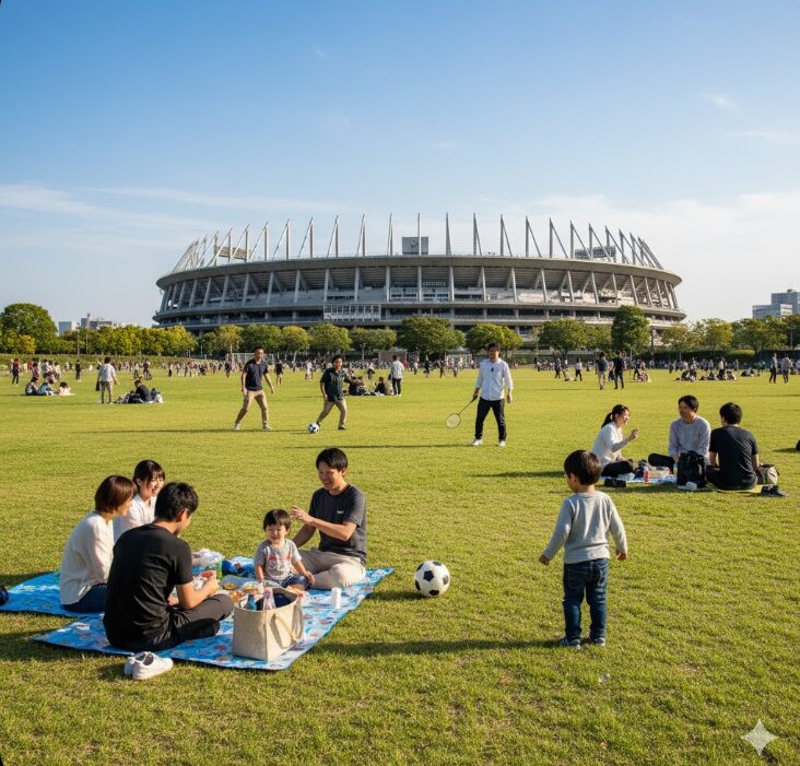 日産スタジアムを背景に、広大な芝生広場でピクニックを楽しむ家族2