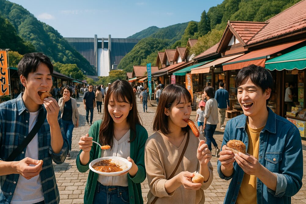 宮ヶ瀬ダムの豊かな自然に囲まれた水の郷商店街で、様々な食べ物を食べ歩きしている人々の様子。