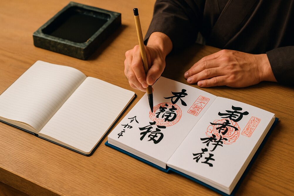 僧侶が専用の御朱印帳に墨書きをしている様子と、横に置かれた一般のノートやメモ帳。御朱印帳の重要性を示す。