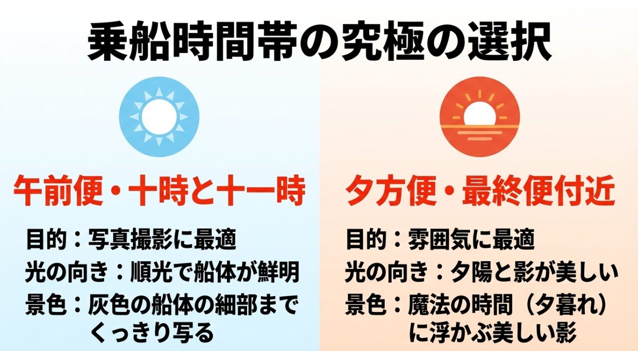 写真撮影に最適な「午前便」と、雰囲気が美しい「夕方便・最終便」のそれぞれのメリットを比較したスライド。