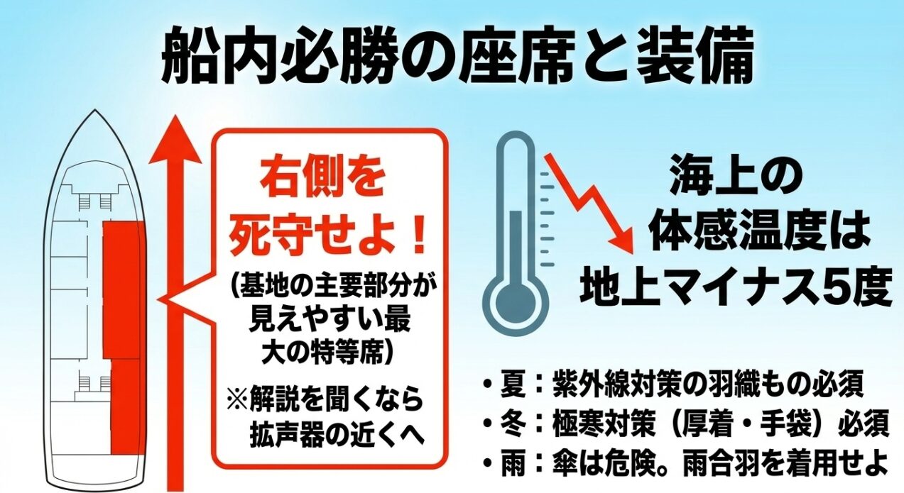 事前予約、右舷の二階席確保、徹底した防寒・防風という軍港めぐりの3つの攻略法則をまとめたスライド。