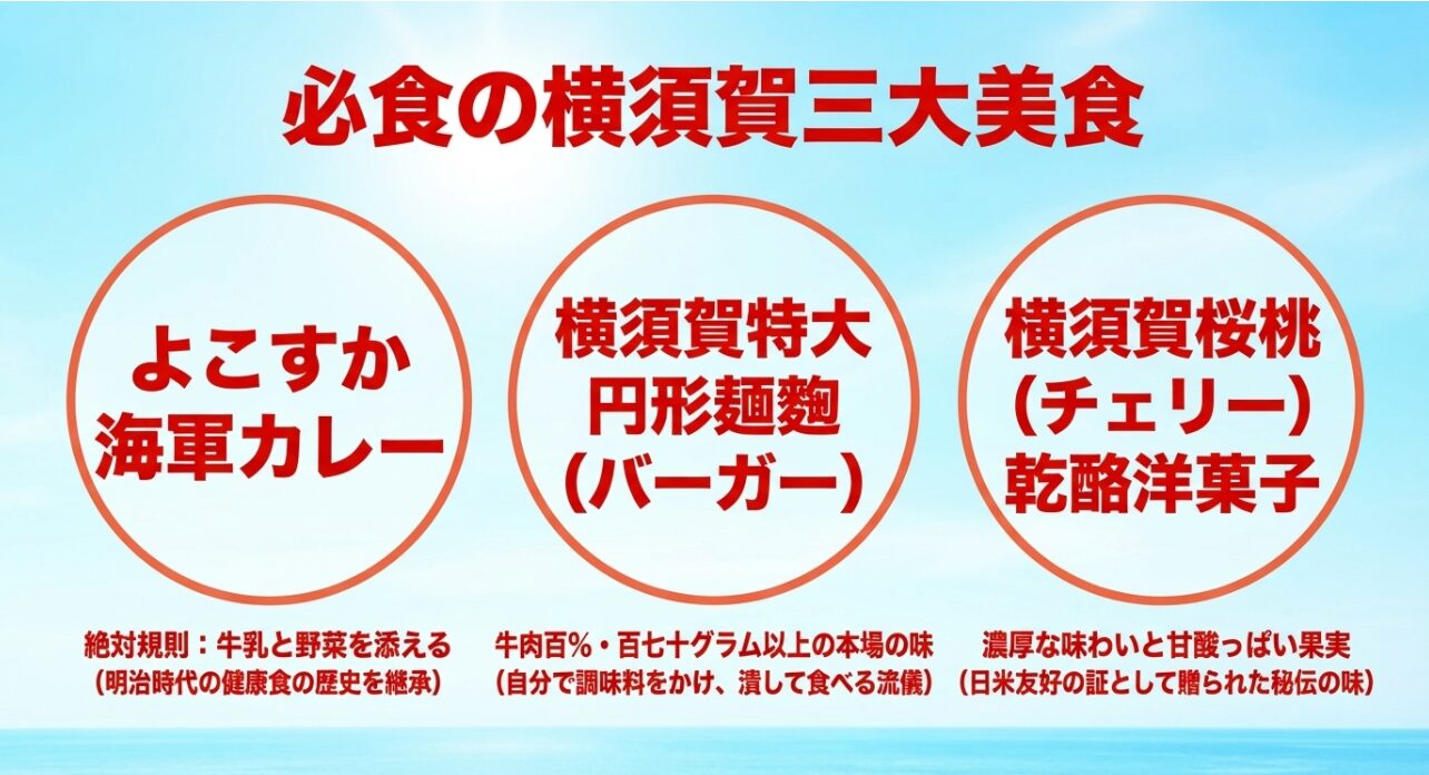 よこすか海軍カレー、ネイビーバーガー、チェリーチーズケーキの特徴と歴史をまとめたスライド。