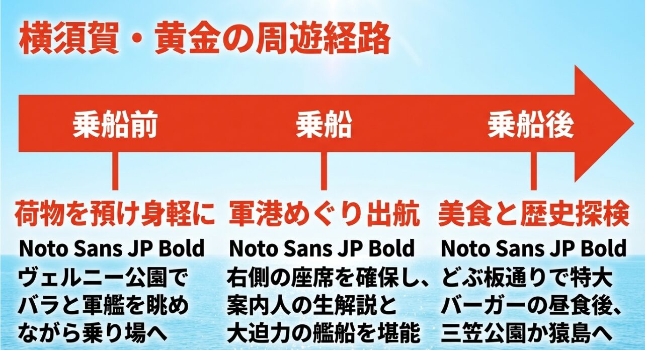 無人島・猿島での要塞探検と、異国情緒あふれるどぶ板通りの文化を解説したスライド。 