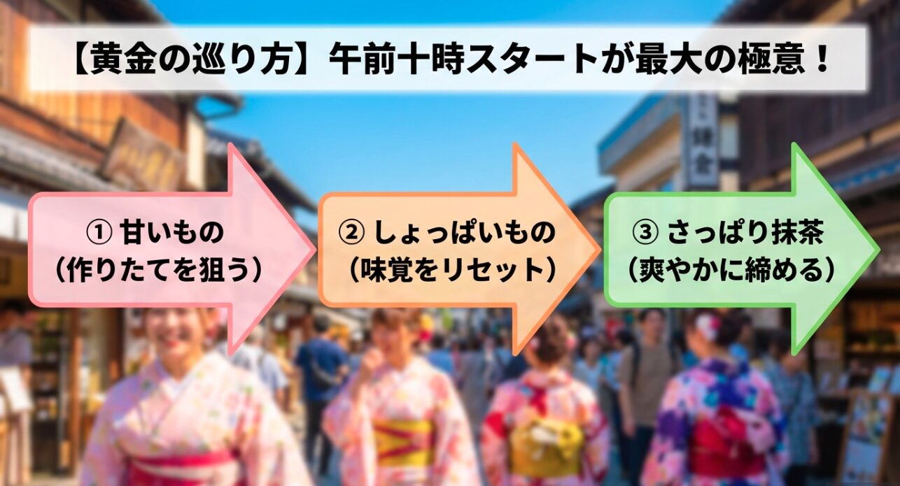 鎌倉小町通りを効率よく巡るための午前10時スタートの黄金ルート（甘いもの、しょっぱいもの、さっぱり抹茶の順番）