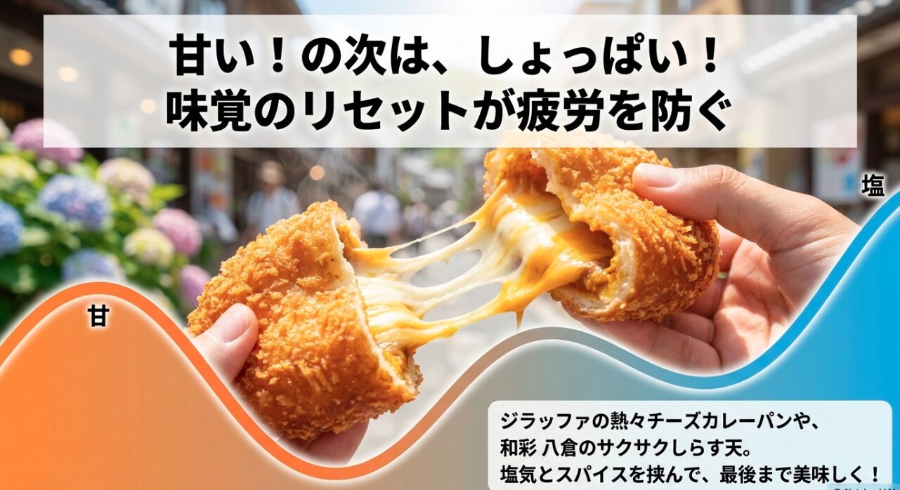ジラッファの熱々チーズカレーパンや和彩八倉のサクサクしらす天など、塩気とスパイスの効いたしょっぱいグルメで味覚をリセットするコツ