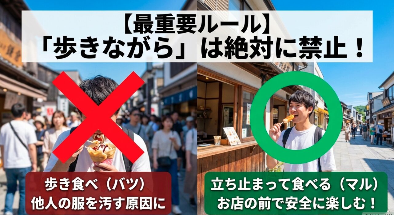 鎌倉小町通りでの歩き食べは他人の服を汚す原因になるため絶対に禁止されており、お店の前で立ち止まって安全に楽しむのが最重要ルールであることの解説