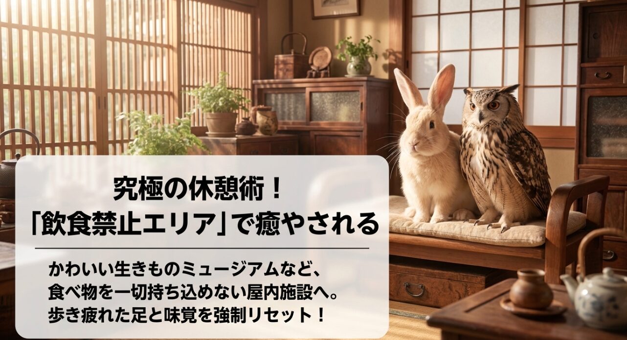 かわいい生きものミュージアムなど、食べ物を一切持ち込めない屋内施設を利用して、歩き疲れた足と味覚を強制的にリセットする究極の休憩術