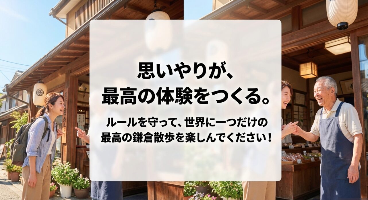 地域への思いやりを持ち、ルールを守って世界に一つだけの最高の鎌倉散歩を楽しんでくださいという締めくくりのメッセージ