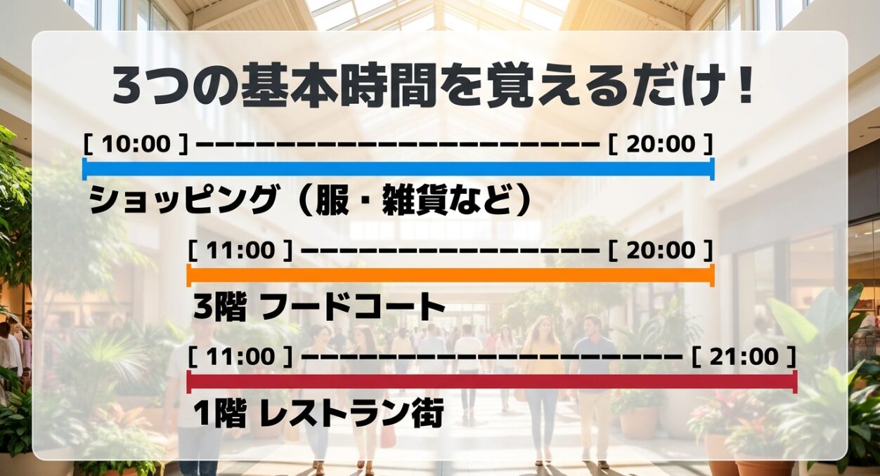 ゆめが丘ソラトスで覚えるべき3つの基本時間。ショッピングは10時から20時、3階フードコートは11時から20時、1階レストラン街は11時から21時まで