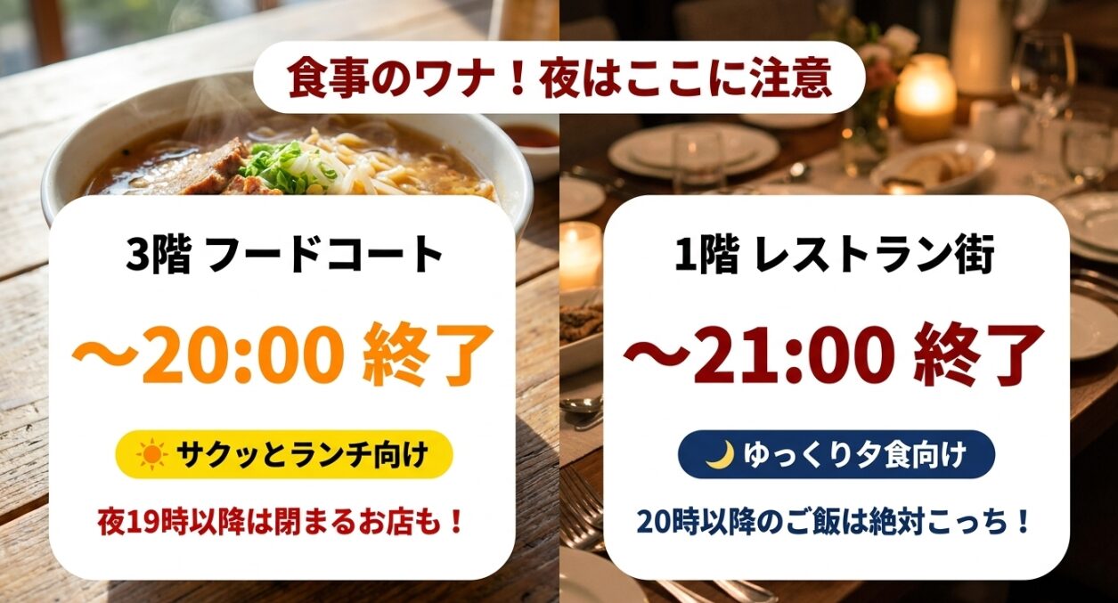 ゆめが丘ソラトスの食事の注意点。3階フードコートは20時終了でサクッとランチ向け、1階レストラン街は21時終了でゆっくり夕食向け。20時以降のご飯は1階へ