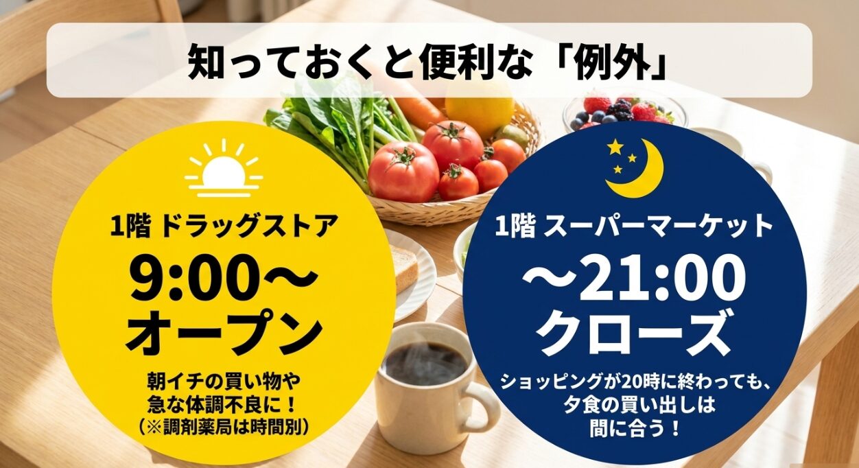 ゆめが丘ソラトス営業時間の例外。1階ドラッグストアは朝9時オープン、1階スーパーマーケットは夜21時クローズ