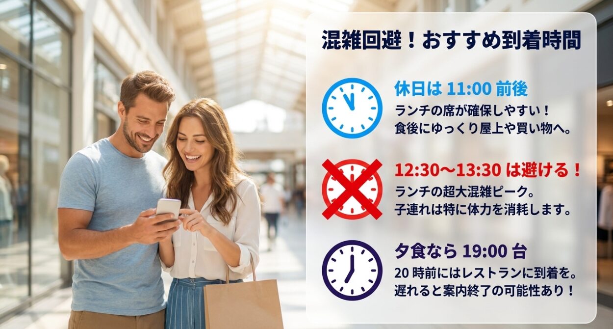 ゆめが丘ソラトス混雑回避のおすすめ到着時間。休日は11時前後でランチ席を確保、夕食なら19時台に到着し20時前にはレストランへ