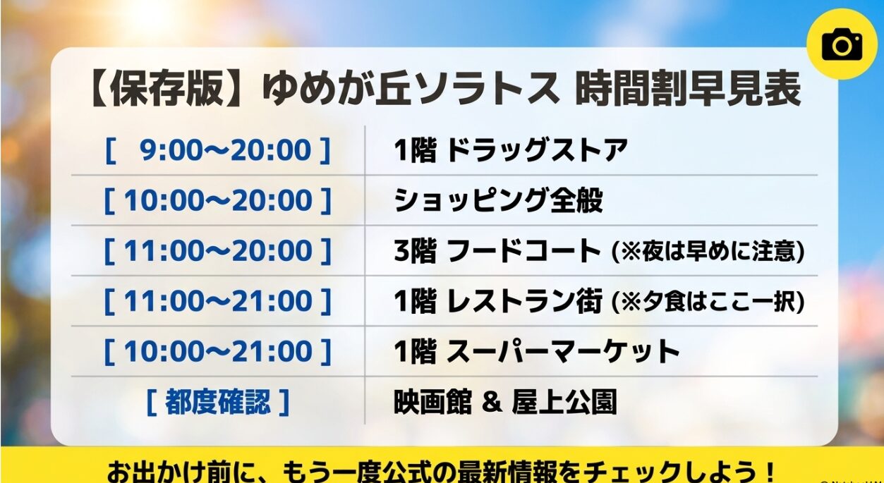 ゆめが丘ソラトス混雑回避のおすすめ到着時間。休日は11時前後でランチ席を確保、夕食なら19時台に到着し20時前にはレストランへ