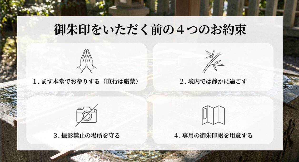 まず本堂でお参りする、静かに過ごす、撮影禁止を守る、専用の御朱印帳を用意するなど、御朱印をいただく前の4つの約束事項