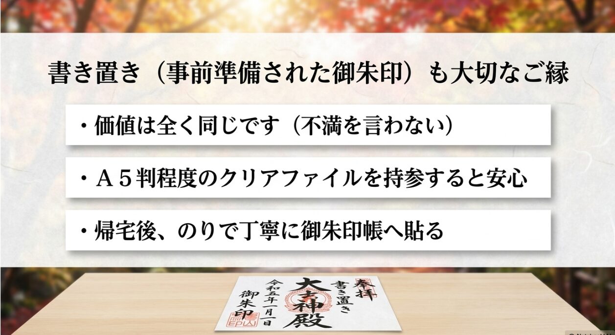 書き置きの御朱印も直書きと同じ価値があることや、クリアファイルでの持ち帰り方、のりを使った丁寧な御朱印帳への貼り方