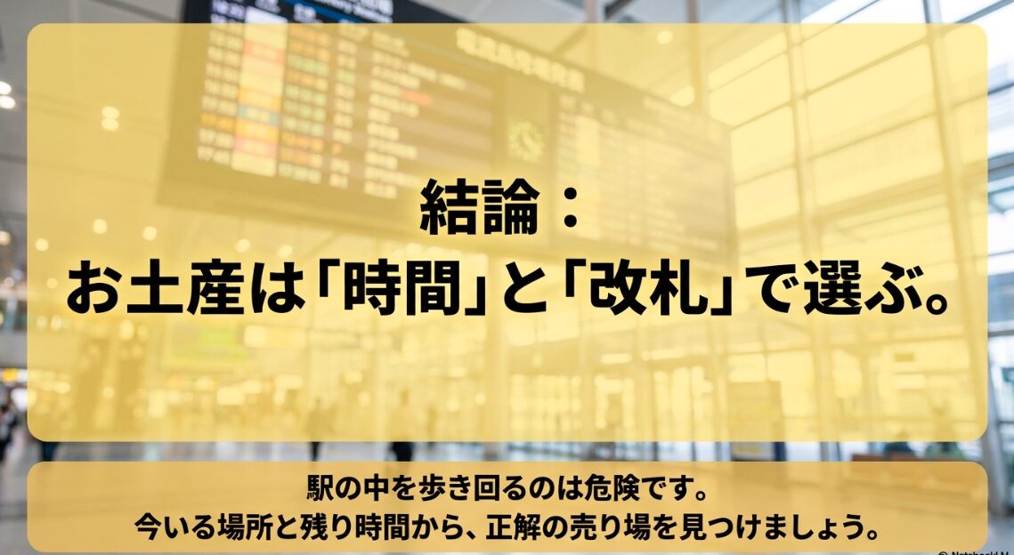 新横浜駅でのお土産選びは時間と改札の位置で決めるという結論の図解