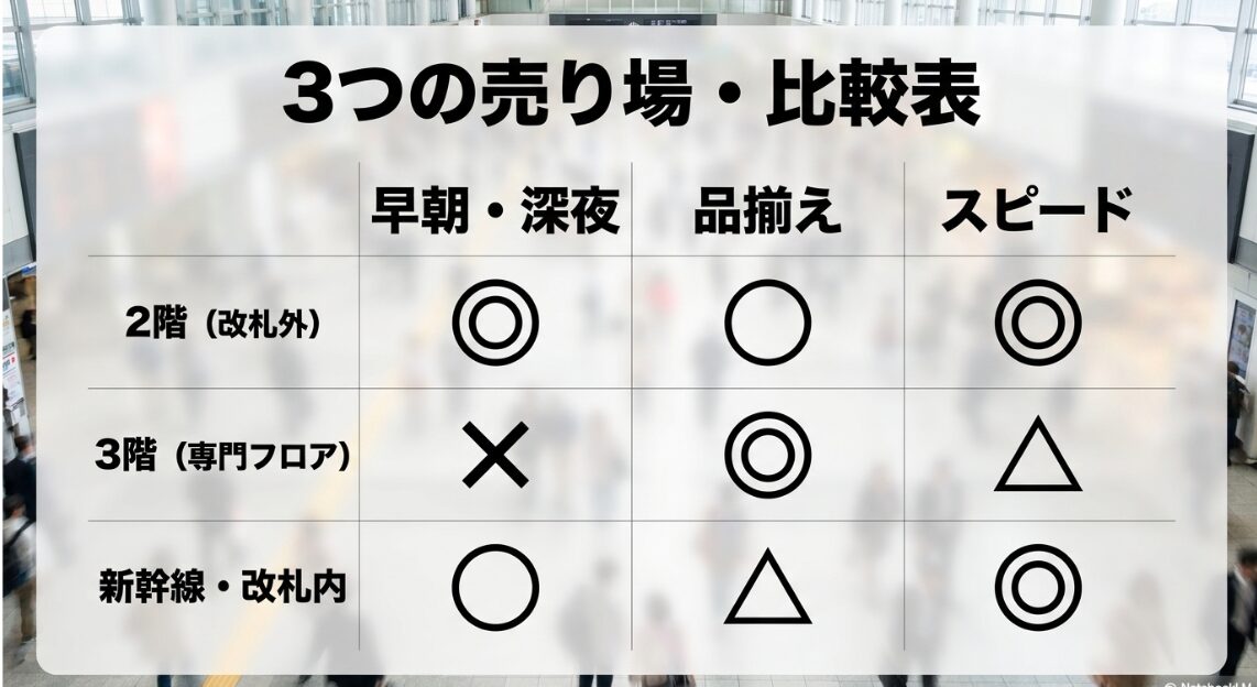 2階改札外、3階専門フロア、新幹線改札内のお土産売り場の品揃えとスピード比較表
