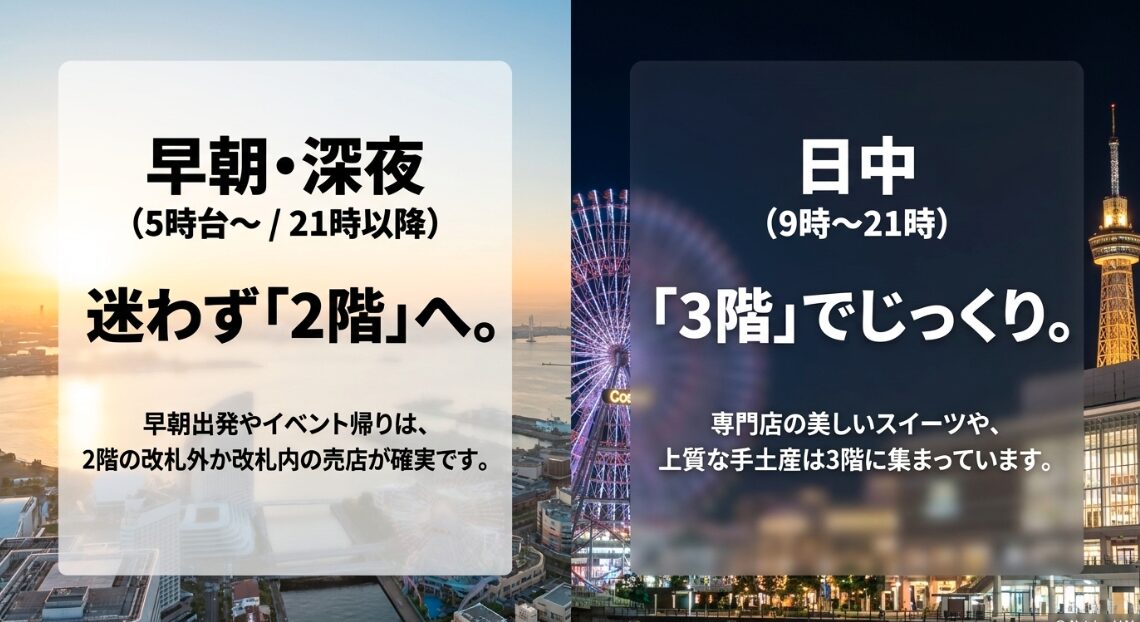 早朝や深夜は2階へ、日中は3階でじっくり選ぶという時間帯別推奨エリアの図解
