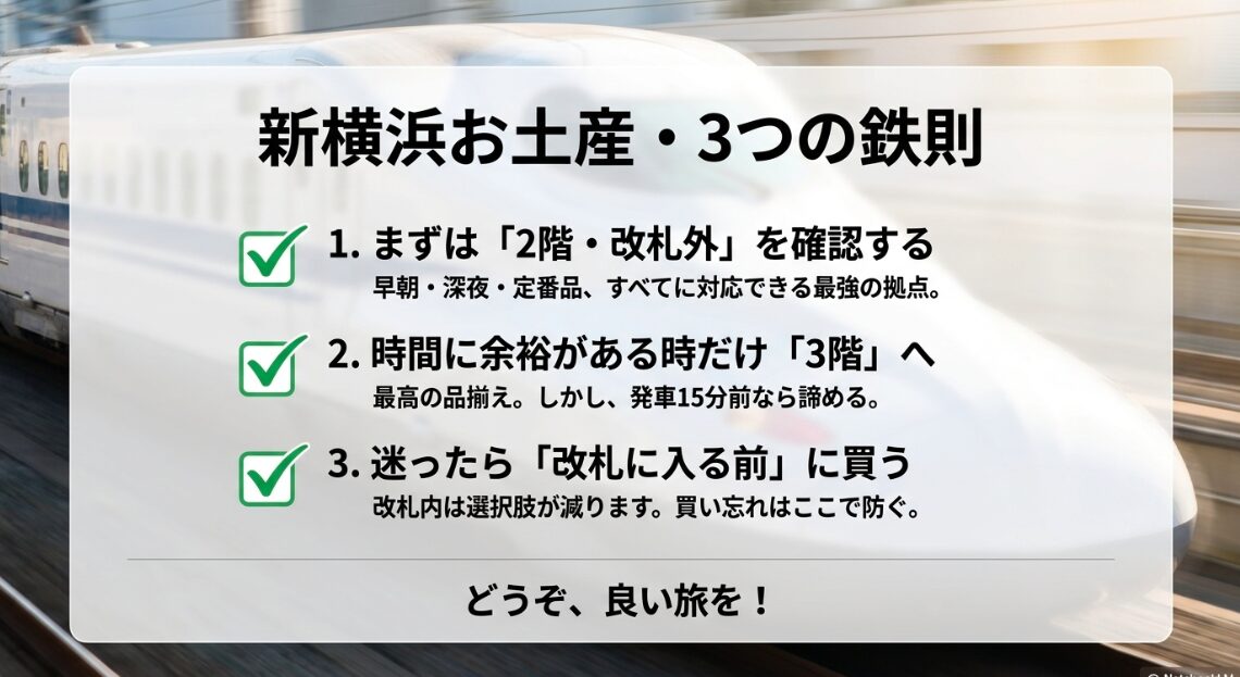 .まずは2階改札外、2.余裕があれば3階、3.迷ったら改札前に買うという3つの鉄則