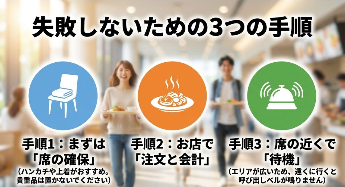 席の確保、注文と会計、席の近くで待機するというフードコート利用の3つの手順