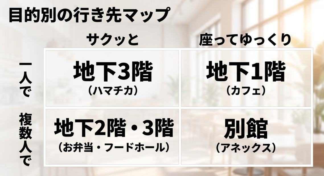 一人か複数人か、サクッと食事かゆっくり食事かで選ぶCIAL横浜の目的別行き先マップ