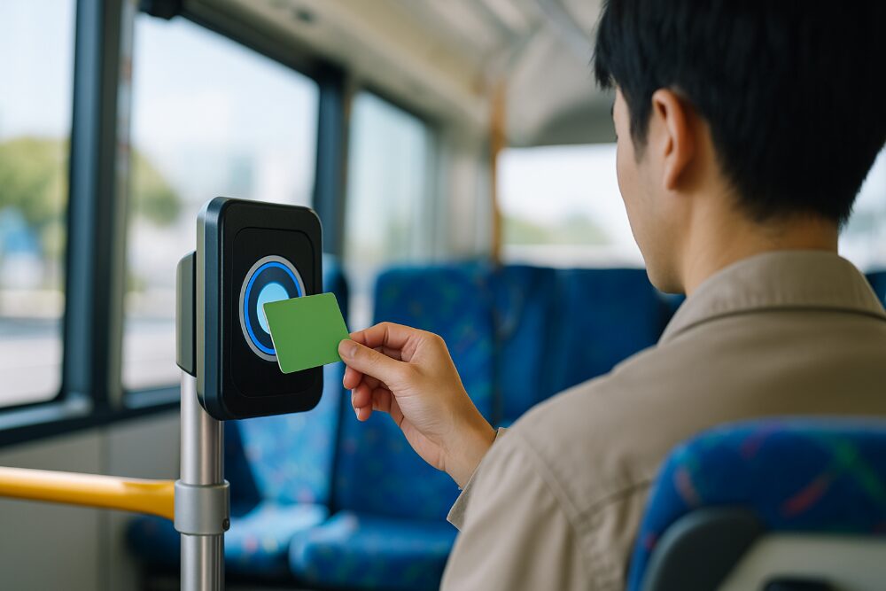 ディズニー行きバス車内で交通系ICカード（SuicaPASMO）をタッチして運賃を支払う様子