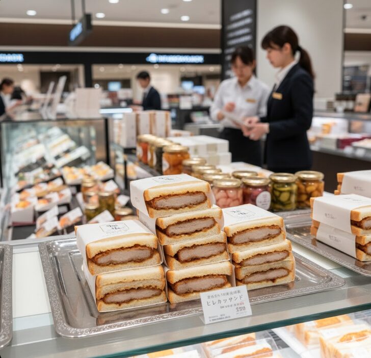 デパ地下（タカシマヤ）のショーケースに美しく並べられた、「とんかつまい泉」の美味しそうなヒレかつサンドのパック。
