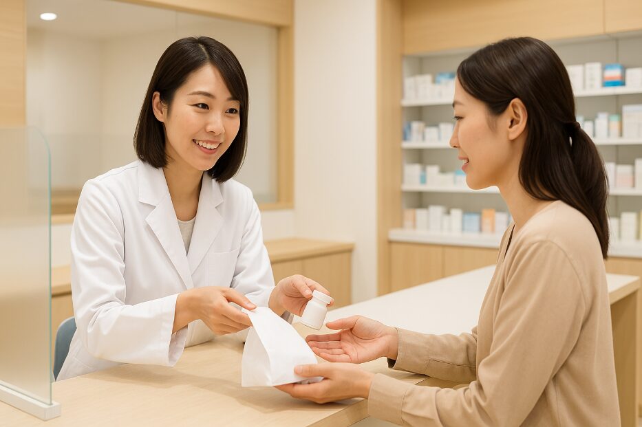 ハックドラッグ併設の調剤薬局のカウンターで、薬剤師から説明を受けながら処方箋の薬を受け取る日本人の女性