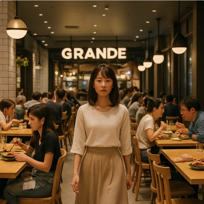 ハマチカの活気あるフードホール。カウンター席やテーブル席で多くの人々が食事を楽しんでいる。