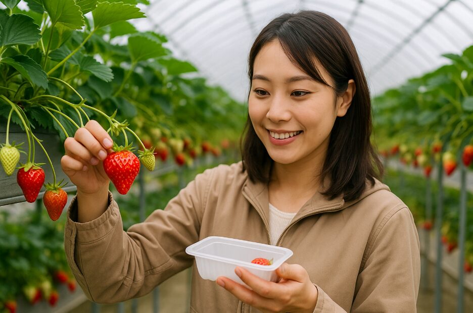 バスツアーの人気プランである「いちご狩り」で、真っ赤に実ったイチゴを収穫する様子