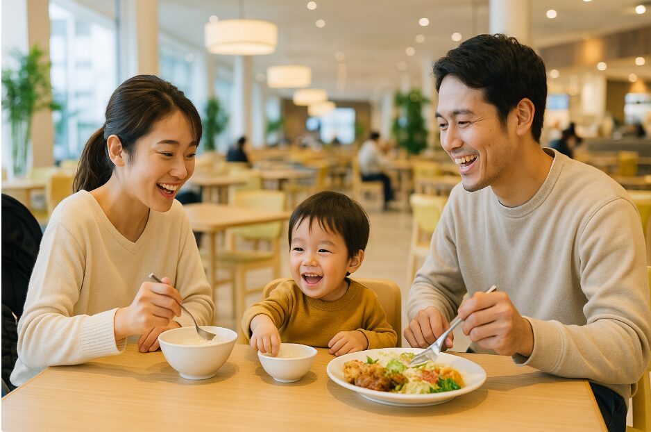 フードコート内のキッズエリアで、ベビーカーを横に置いて安心して食事を楽しむ親子連れ