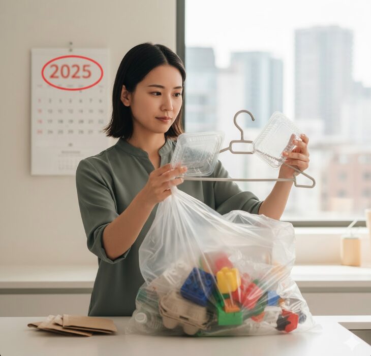 プラスチック製の食品容器とハンガーを手に、新しいプラスチック分別のルールを確認している若い日本人女性。背景にはゴミ袋とカレンダーがある。