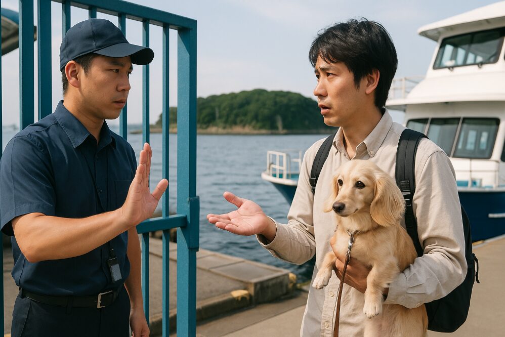ペット（小型犬）を連れた日本人観光客が、フェリー乗船ゲートでスタッフに立ち入りを断られている場面。