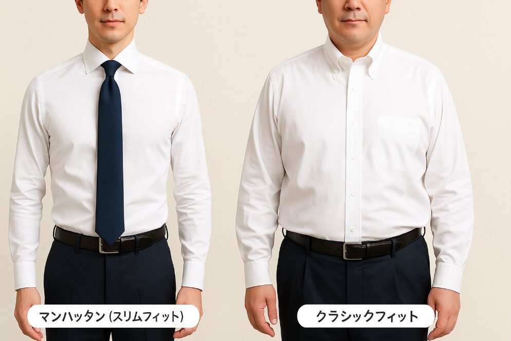 マンハッタン（スリムフィット）とクラシックフィット、鎌倉シャツの主なボディスタイルの着用シルエット比較。
