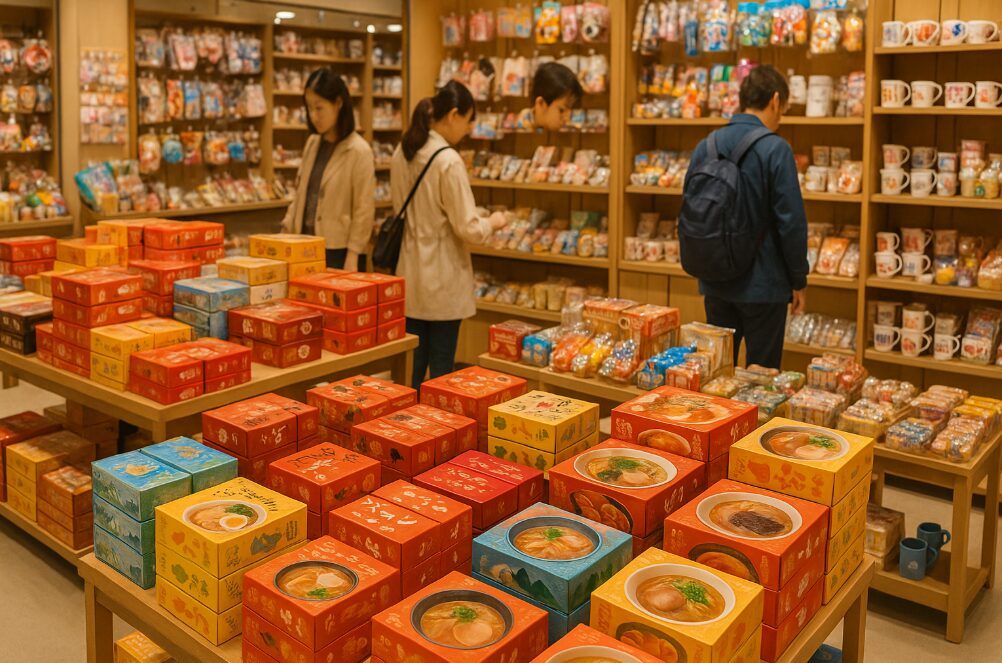 ミュージアムショップに山積みされたご当地ラーメンの箱やお土産グッズ