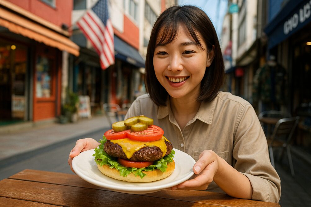ヨコスカネイビーバーガーの巨大なパティとトッピングが乗ったオープンサンドスタイル。ドブ板通りで楽しむ本格的なアメリカンランチの様子。