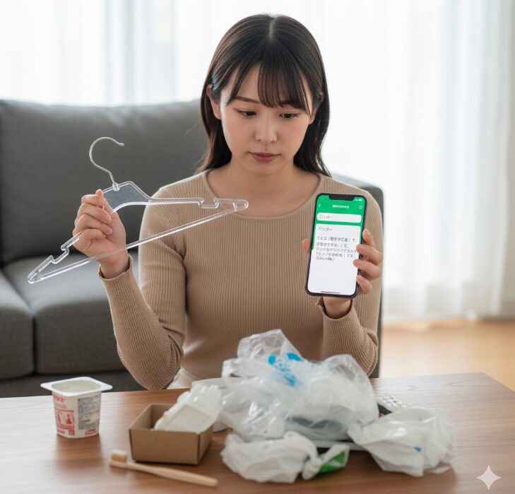 リビングのテーブルでプラスチックハンガーを手に持ち、横浜市のごみ分別アプリ「MIctionary」の検索結果をスマートフォンで表示している若い日本人女性。