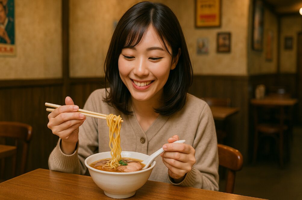 レトロな店内で食べ歩きに最適なサイズ感のミニラーメンを楽しむ日本人女性