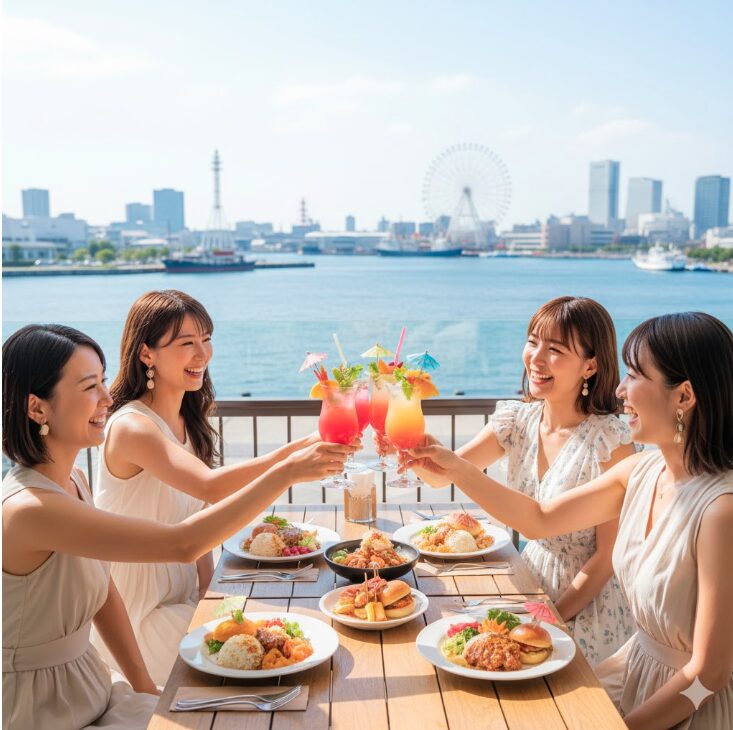 ロピカルドリンクとハワイアン料理を囲み、乾杯する日本人女性グループ。