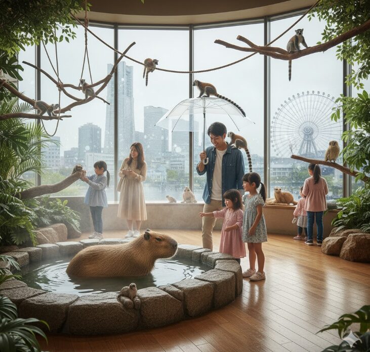 ワールドポーターズのアニタッチみなとみらいで、カピバラの露天風呂を囲んでワオキツネザルやフクロウと触れ合う家族連れ。