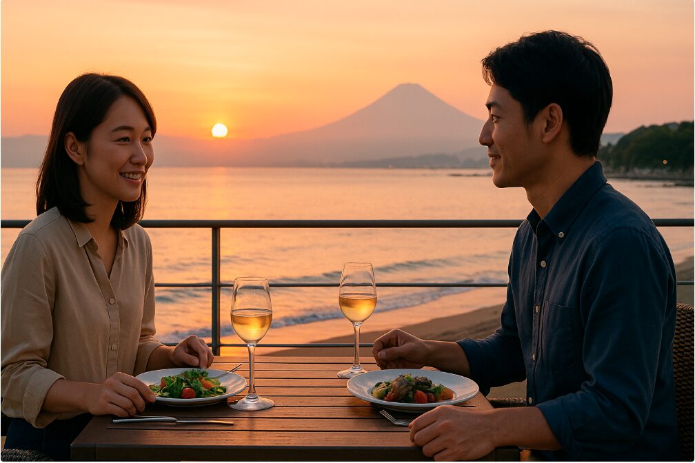 七里ヶ浜のテラス席でサンセットディナーを楽しむ大人のカップル。海と富士山の絶景ロケーション。