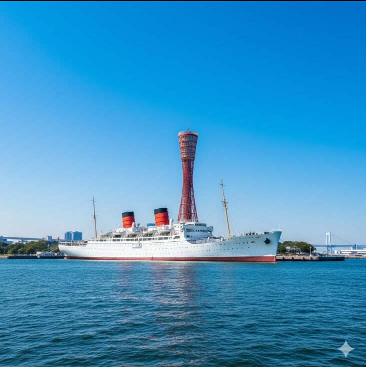 上から望む山下公園の風景。係留されている重要文化財の氷川丸と、その背後にそびえる横浜マリンタワー。
