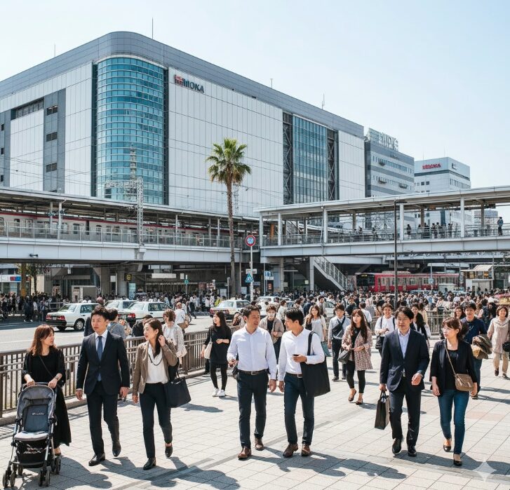 上大岡駅周辺の賑やかな街並みと、その中でランチを楽しむ人々。奥には駅ビルや商業施設が見える。