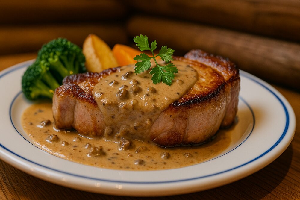 丸太小屋レストランびんずるで提供される、ポルチーニ茸ソースがかかった清川恵水ポークの厚切りフォレストポークソテー。